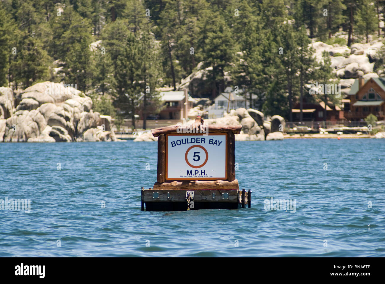A speed limit sign at the entrance to Boulder Bay at Big Bear Lake