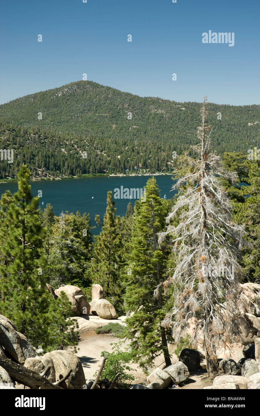 View of the lake and some of the boulder strewn landscape from a higher