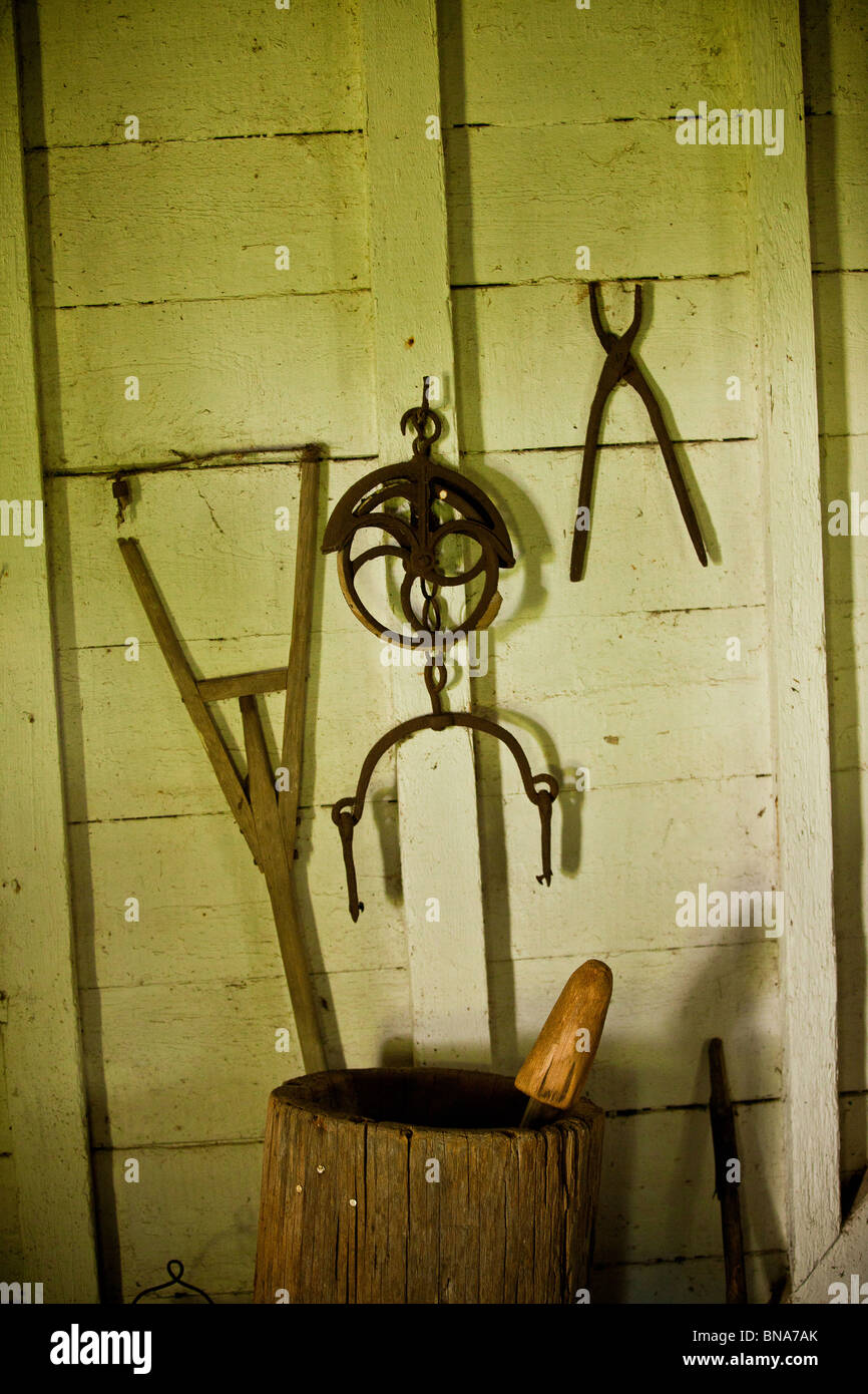 Hand tools once used by slaves on display at Hopsewee Plantation in