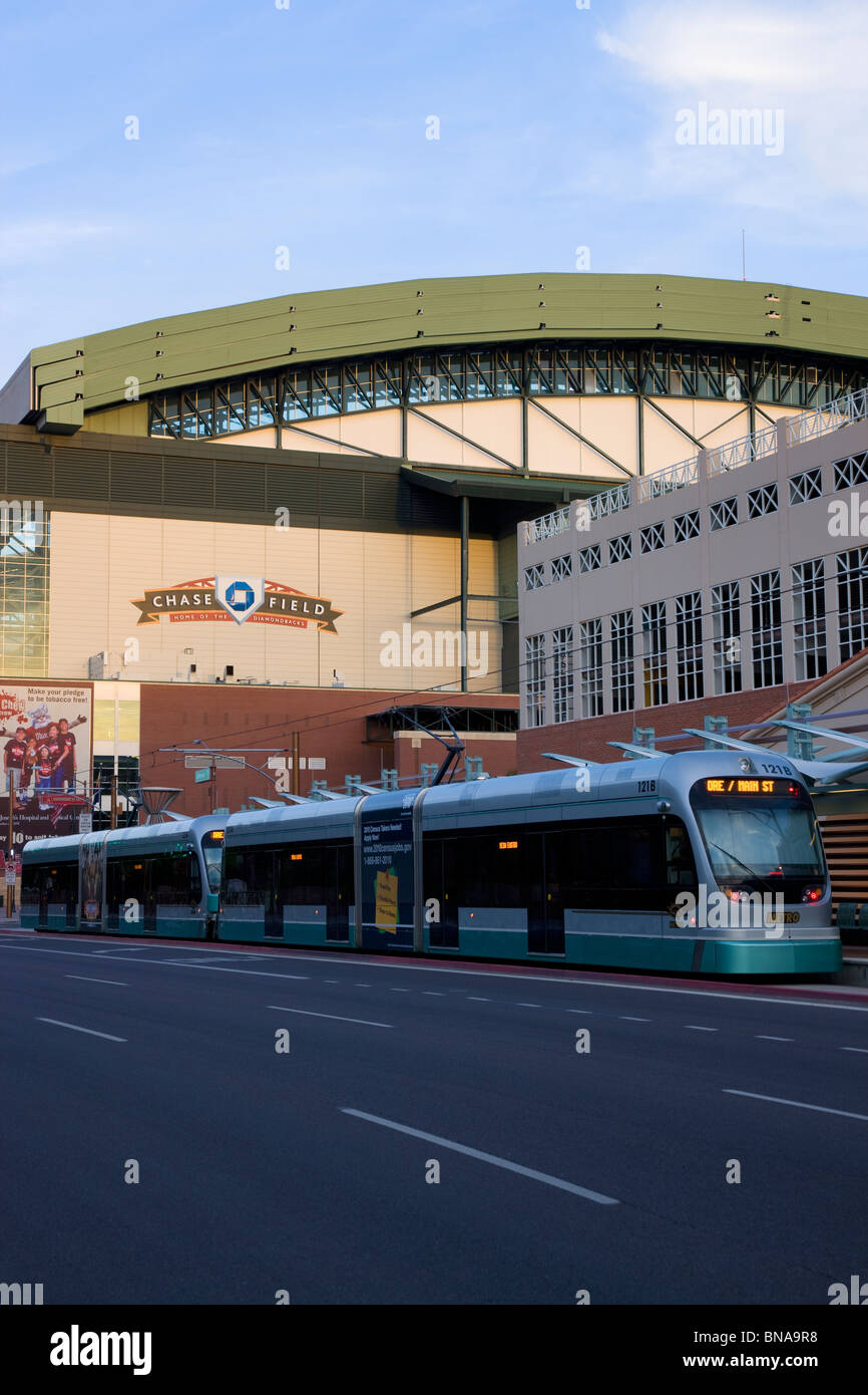The METRO Rail train in front of the Chase Field baseball stadium, downtown Phoenix, Arizona. Stock Photo