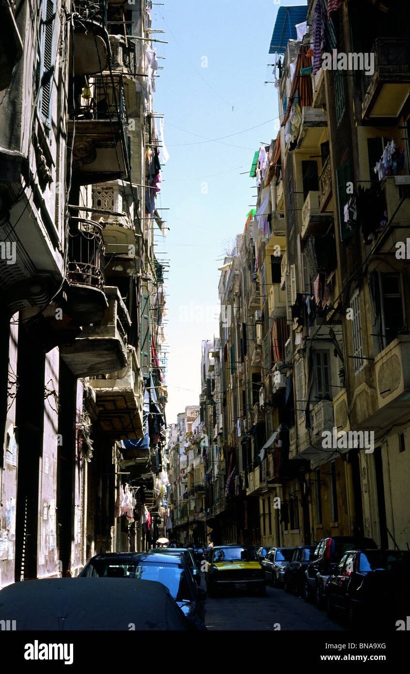 View of Rue Hassan Pasha Assem in Anfoushi district of Egyptian Alexandria. Stock Photo