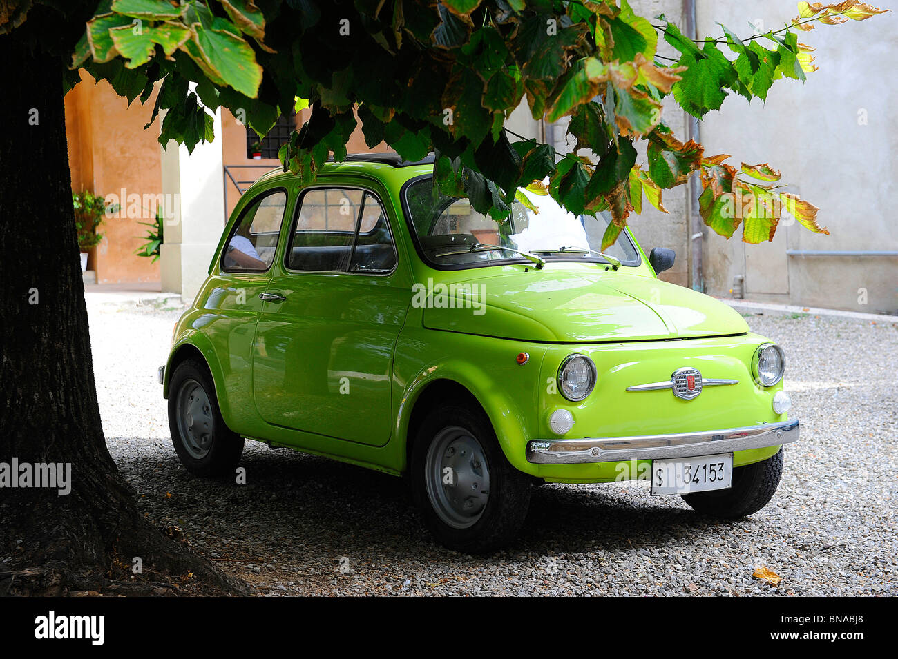 oldtimer Fiat 500 under a tree seen in Italy Stock Photo