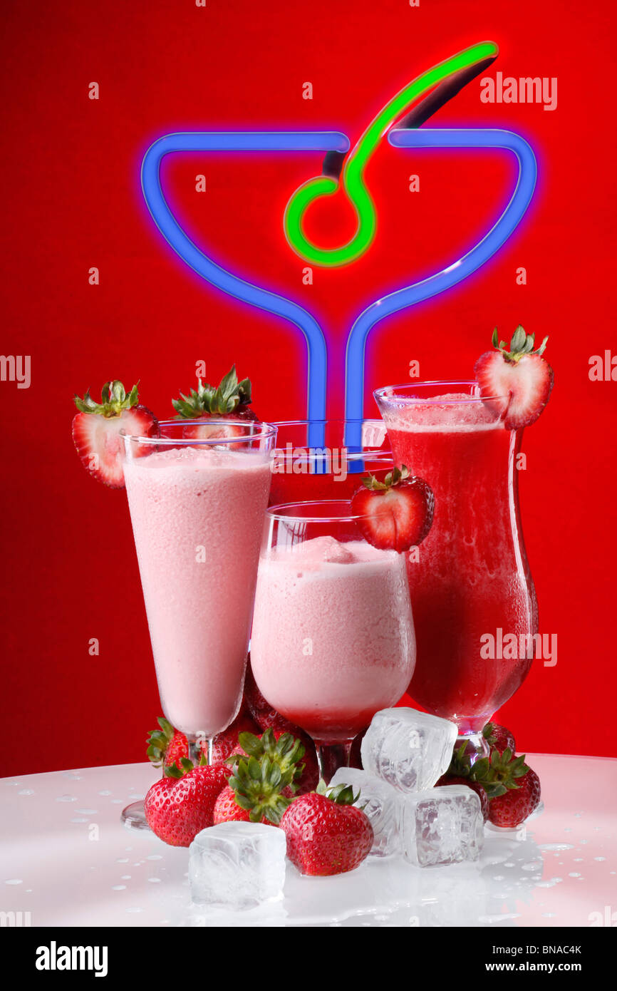 Strawberry cocktail or smoothies, daiquiri, martini, shortcake and kiss Stock Photo