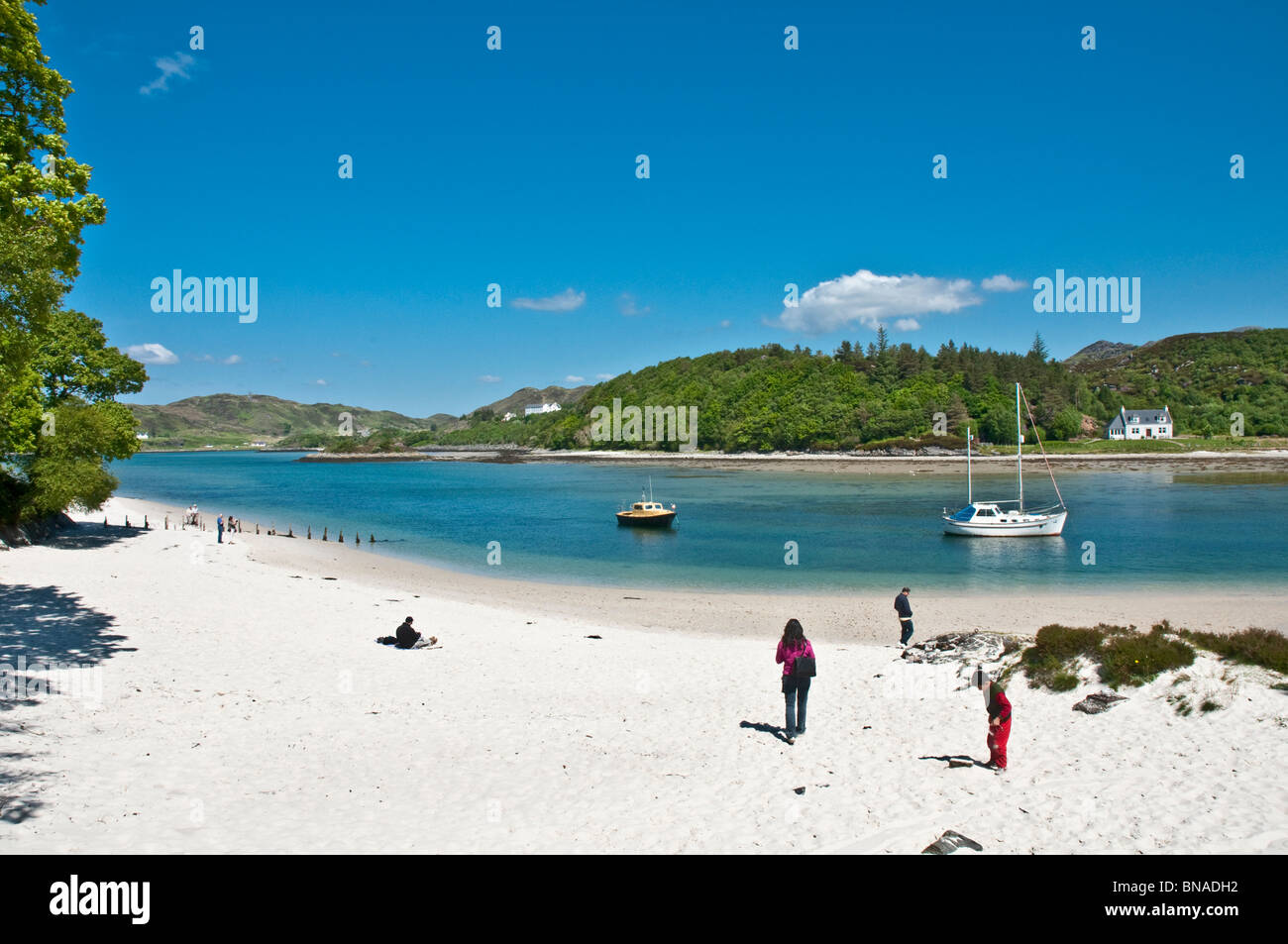 Boat Yacht In River Morar And People On Beach At Morar Sands Nr