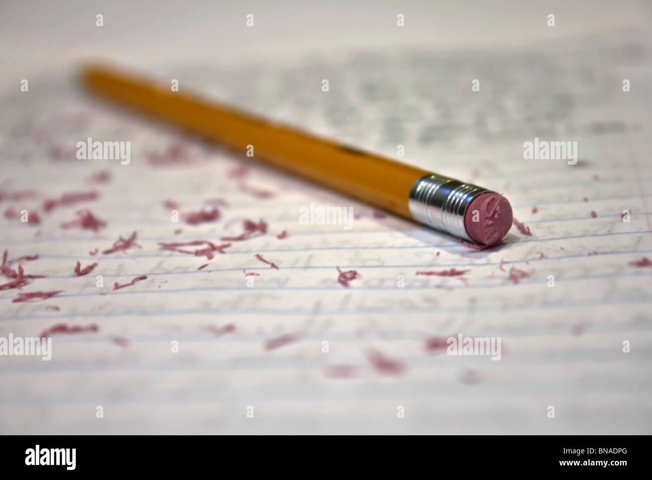 A pencil on a piece of paper with eraser shavings surrounding it Stock