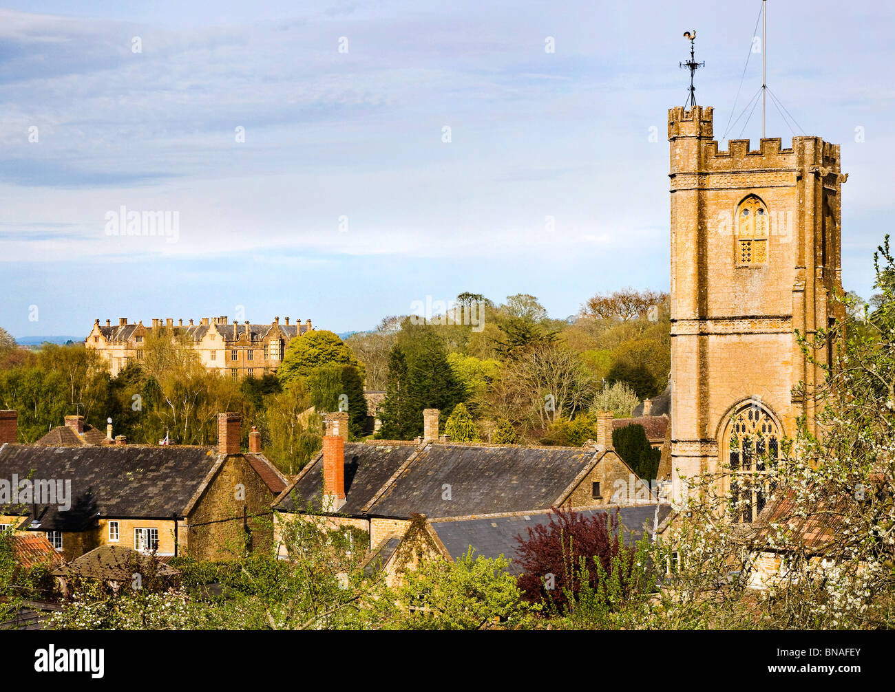 Montacute House and the village church of St Catherine Montacute in Somerset England Stock Photo