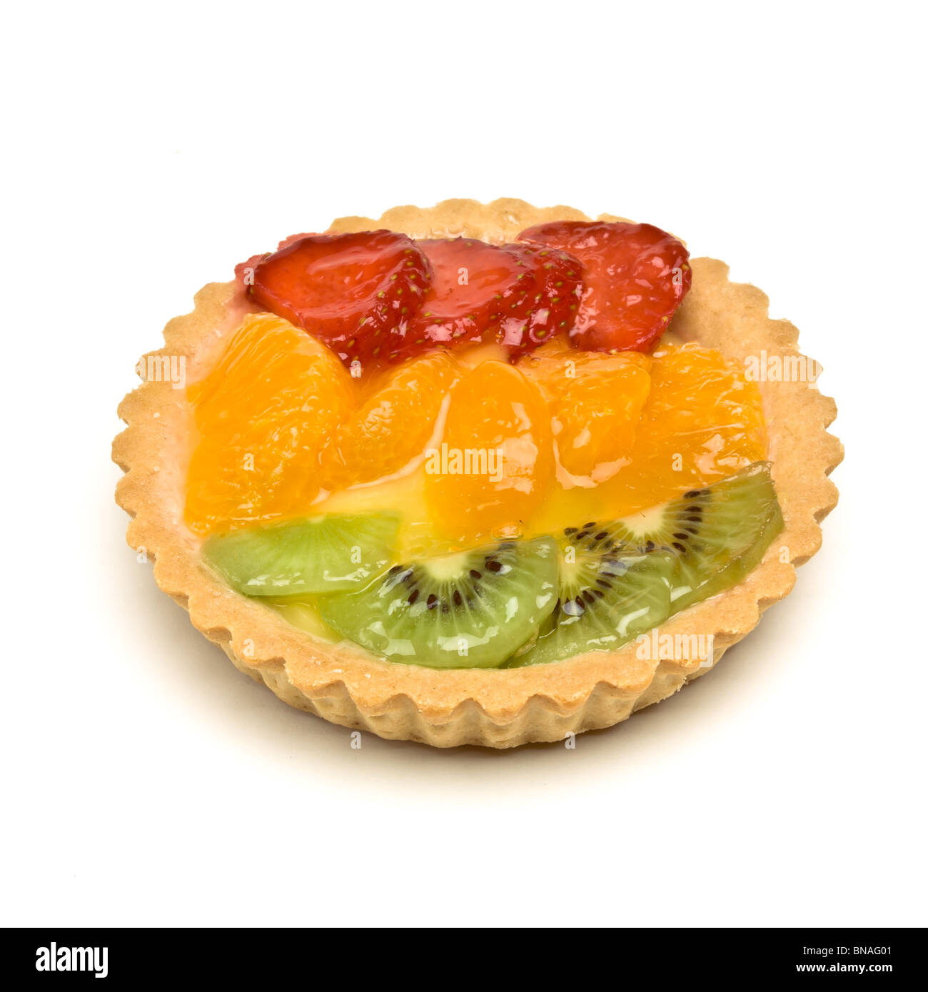 Custard filled tart topped with summer fruits of Strawberry, mandarin