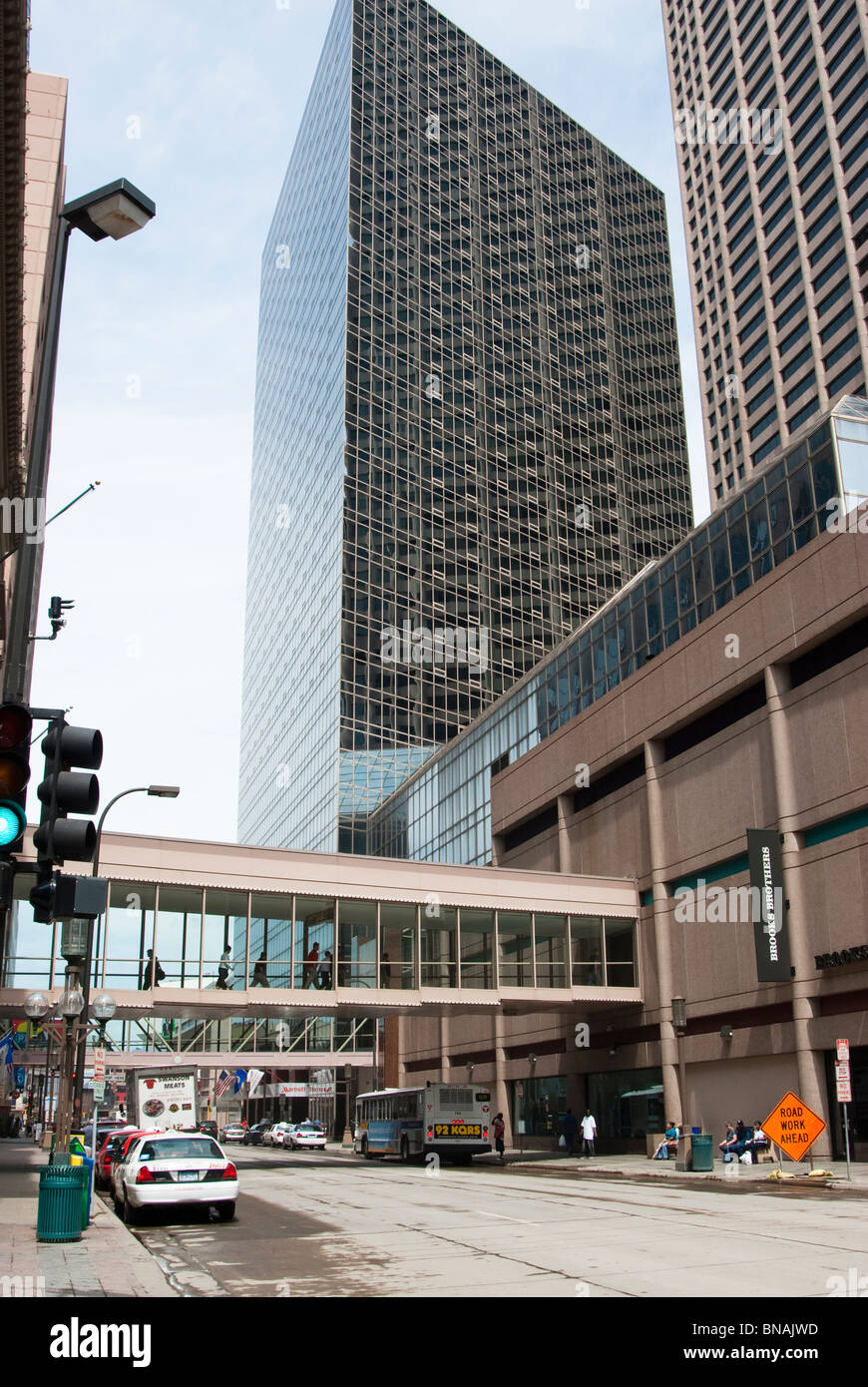 A skyway is elevated above the street traffic in Minneapolis, Minnesota. Stock Photo