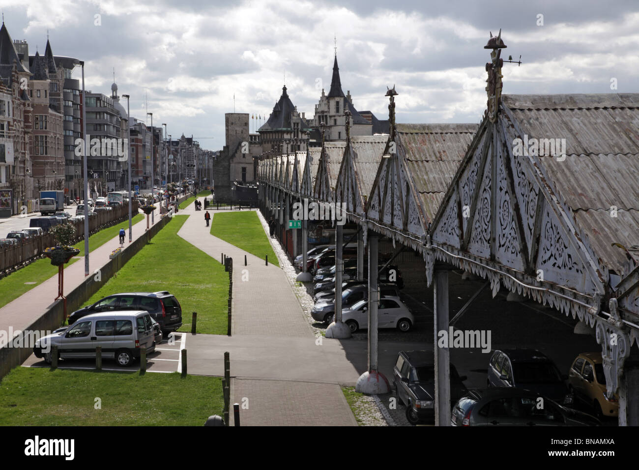 View on old fashioned parking spaces in Antwerp Stock Photo