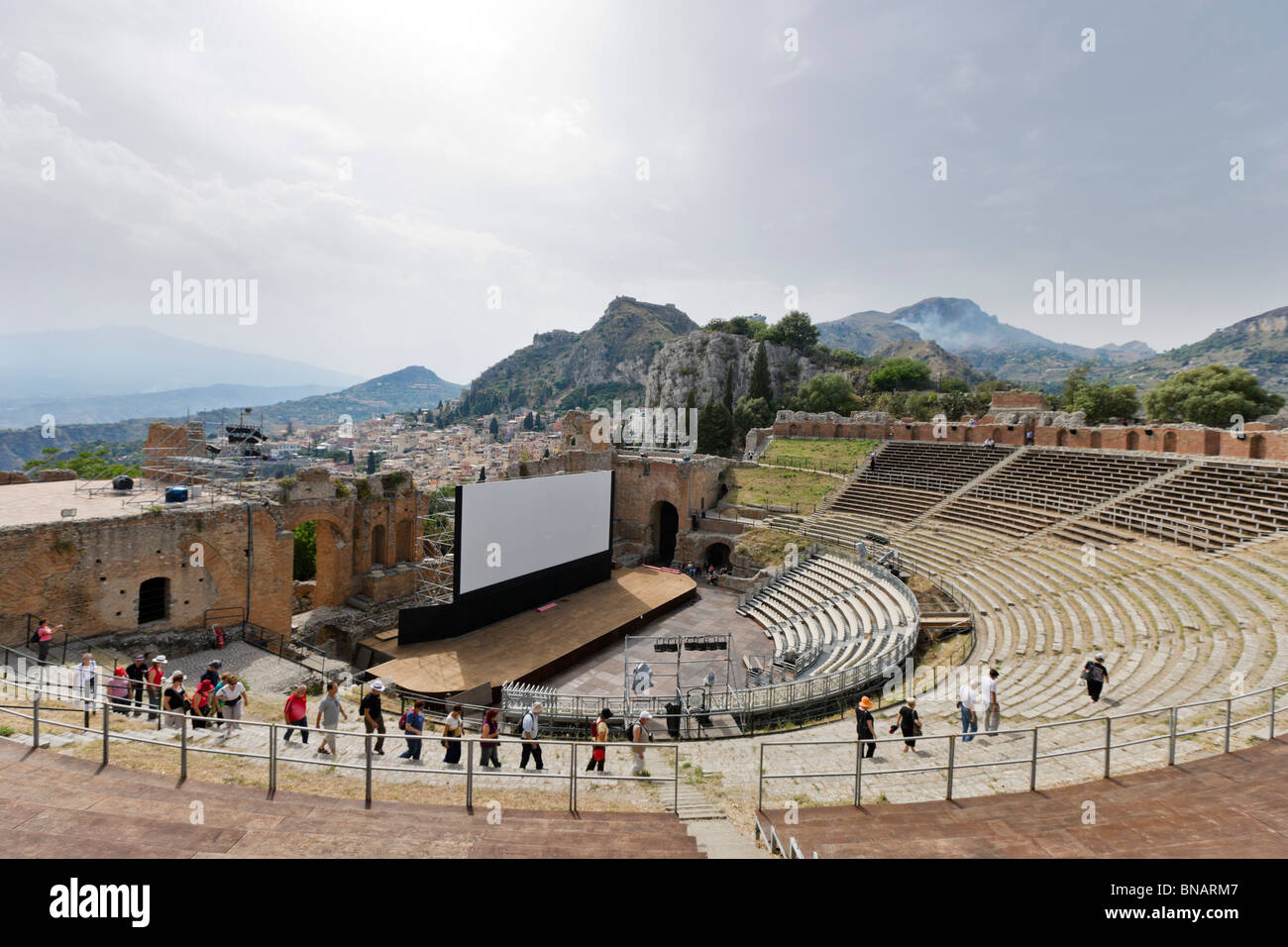 The Greek Theatre (Teatro Greco) set up for the FilmFest film festival in June 2010, Taormina, Sicily, Italy Stock Photo
