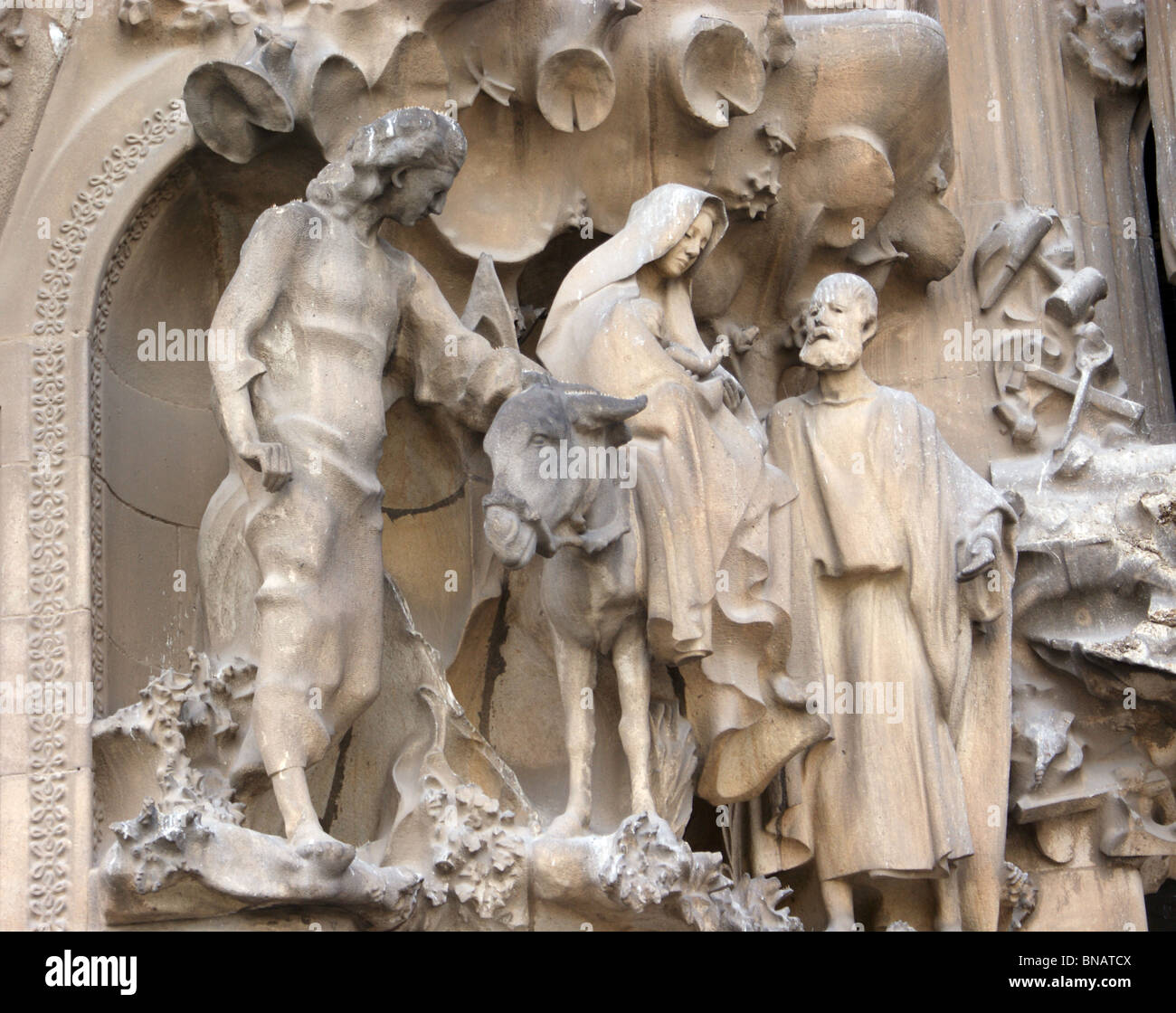 RELIGIOUS STATUES ON THE EXTERIOR OF GAUDI CATHEDRAL SAGRADA FAMILIA