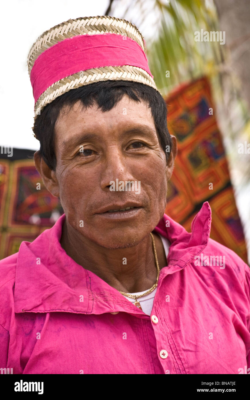 Close up of a Kuna male dancer and musician wearing his colourful and traditional costume. Stock Photo