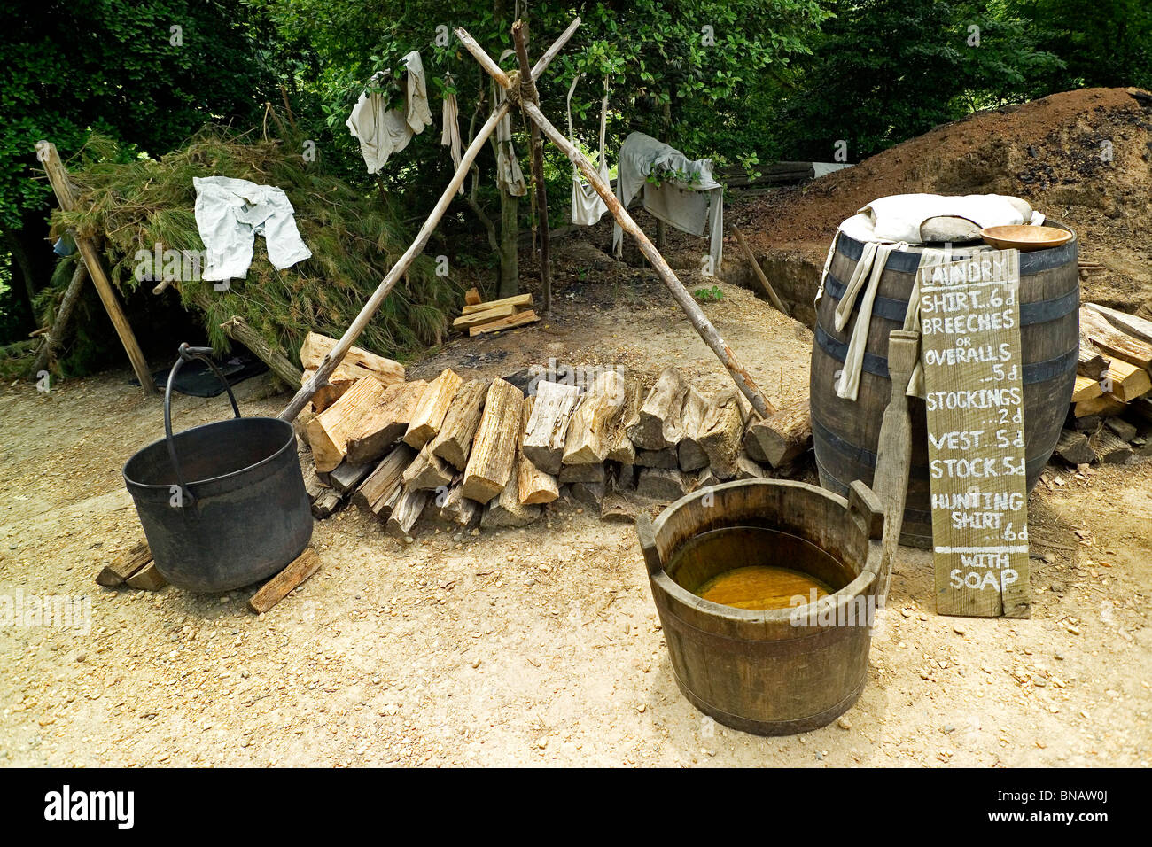 An outdoor laundry is part of a re-created Continental Army encampment at the living-history American Revolution Museum at Yorktown in Virginia, USA. Stock Photo