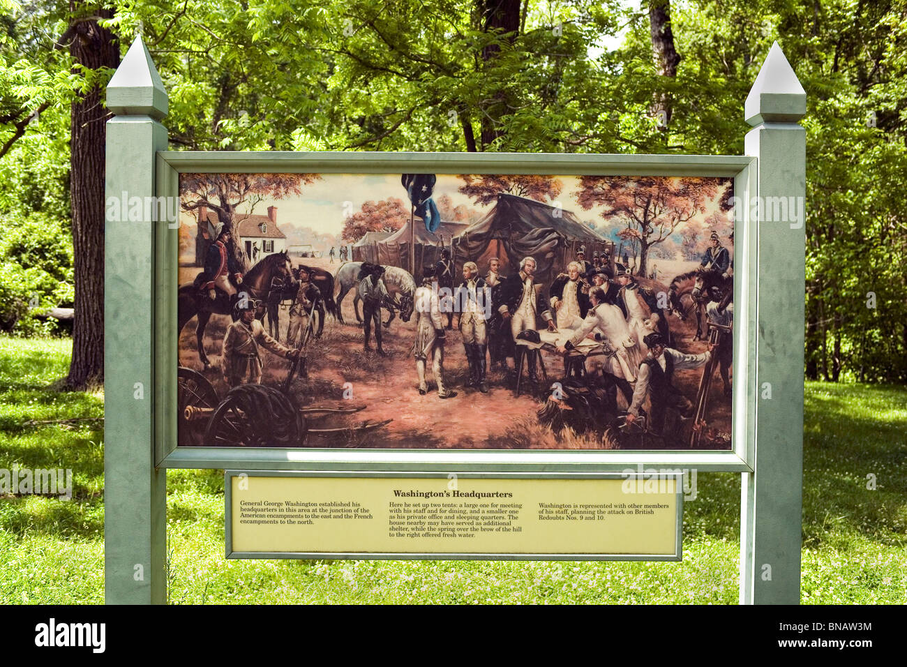 This sign marks the headquarters of General George Washington at Yorktown Battlefield in Colonial National Historical Park at Yorktown, Virginia, USA. Stock Photo