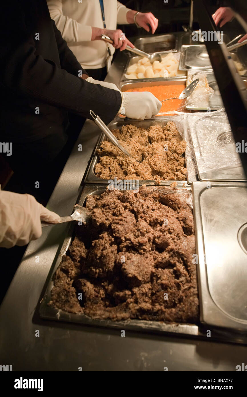 Haggis  and  pureed parsnips in a catering trolley at Burn's supper night Stock Photo