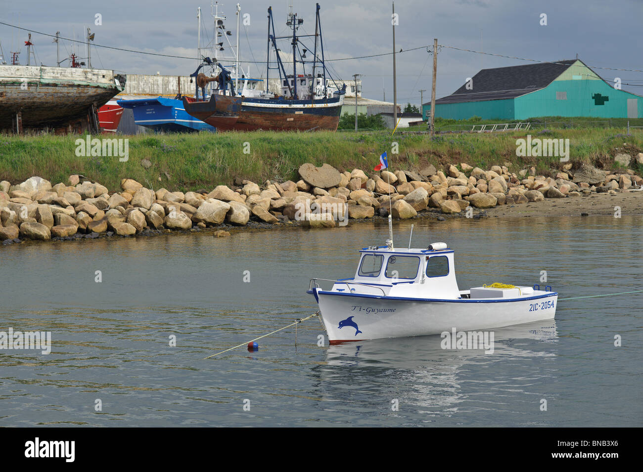 Dry dock and fishing boats in Caraquet New Brunswick Canada Stock Photo