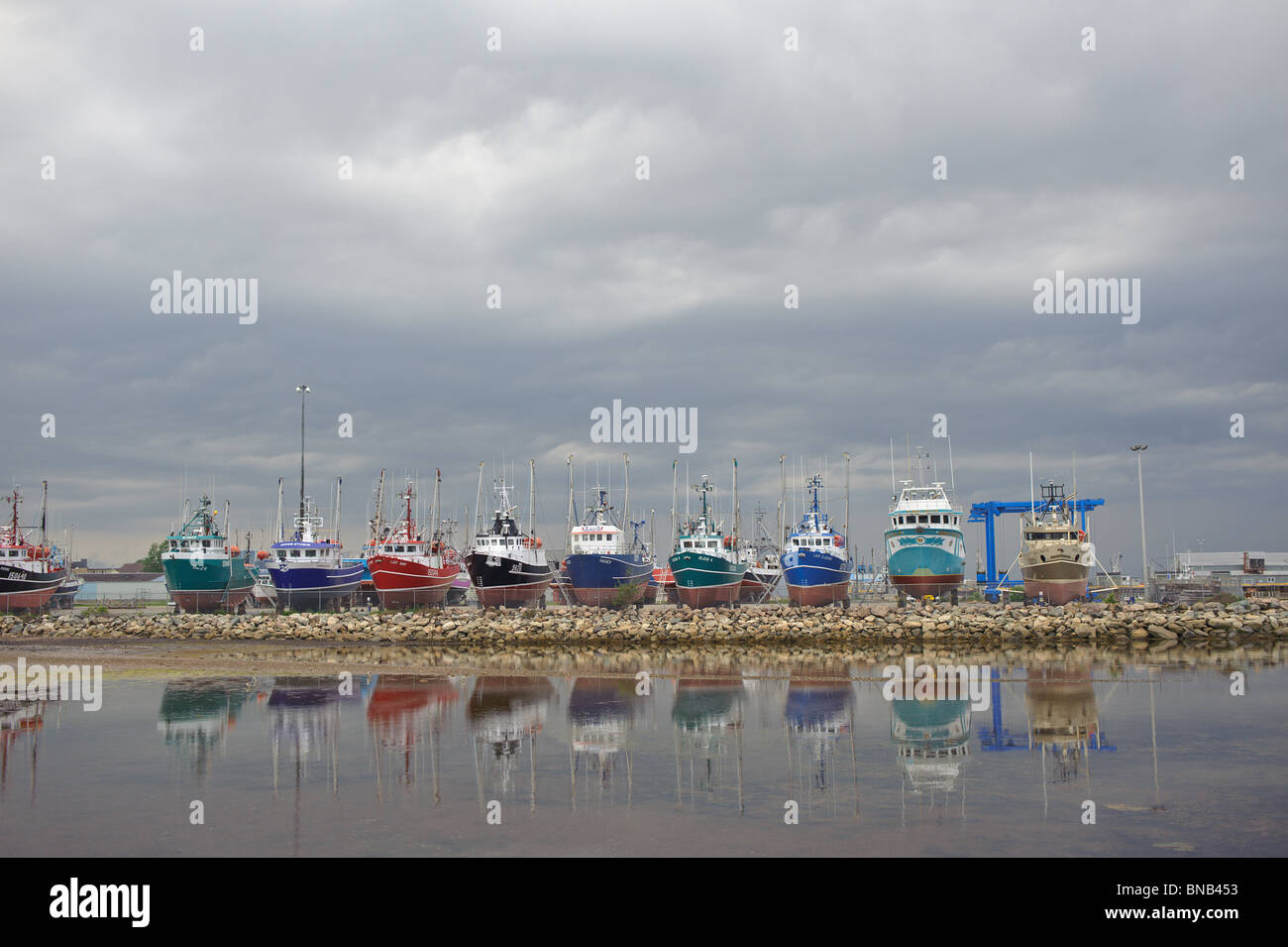 Shippagan fishing fleet in dry dock in summer at New Brunswick Canada Stock Photo