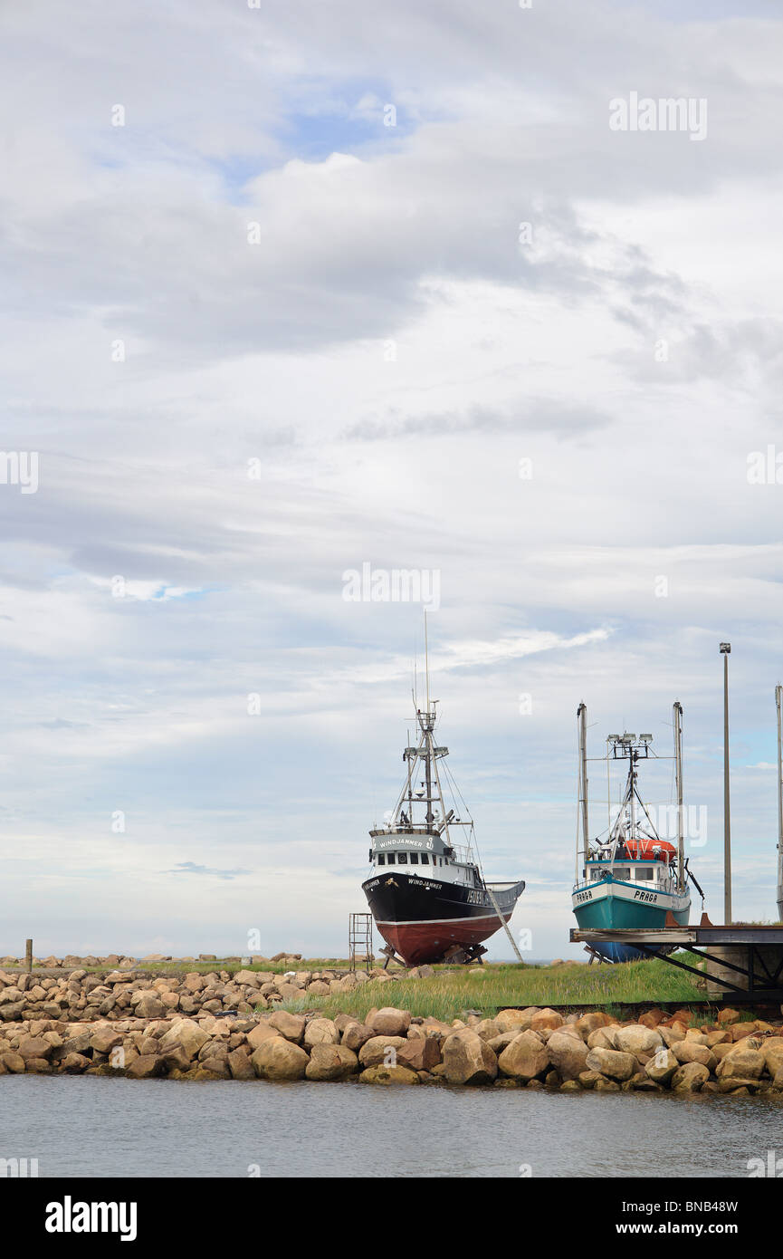 Dry dock and fishing boats in Caraquet New Brunswick Canada Stock Photo