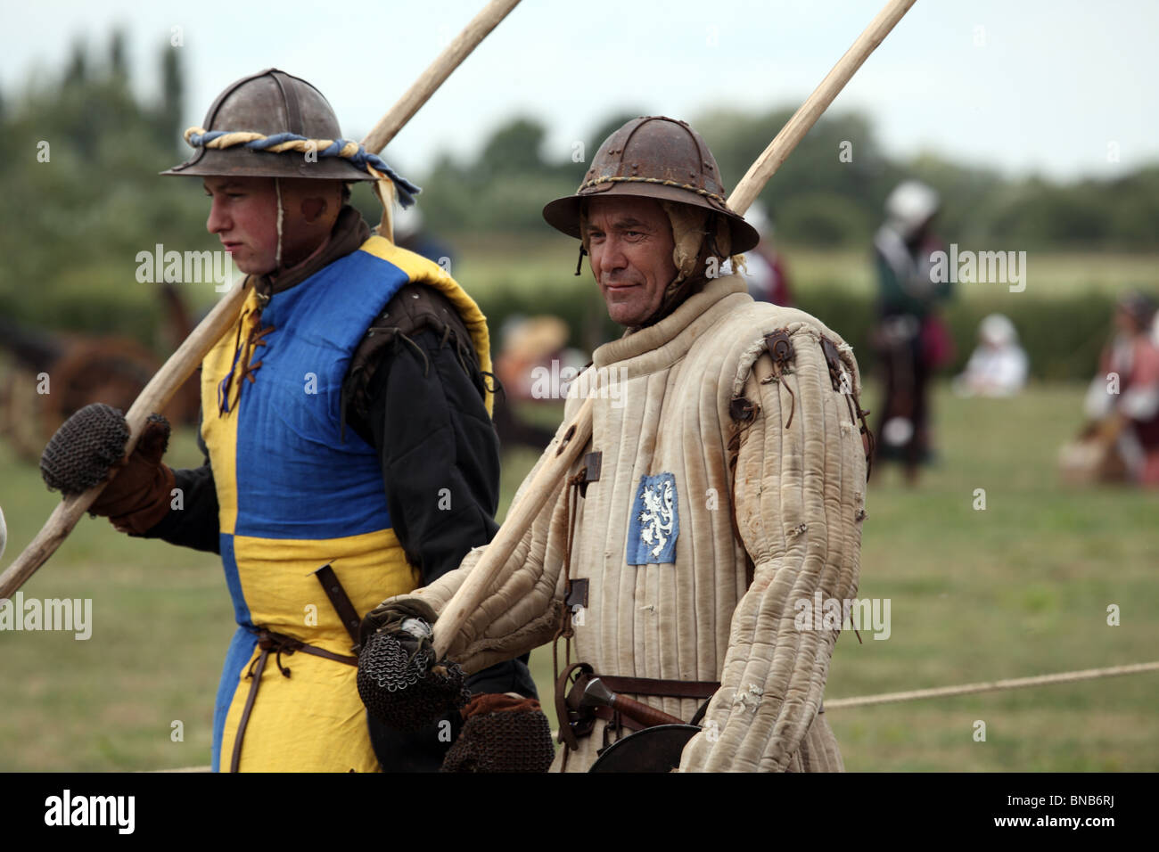 Pike men at the Battle of Tewkesbury Re-enactment, 2010; Pikemen march to the battle Stock Photo