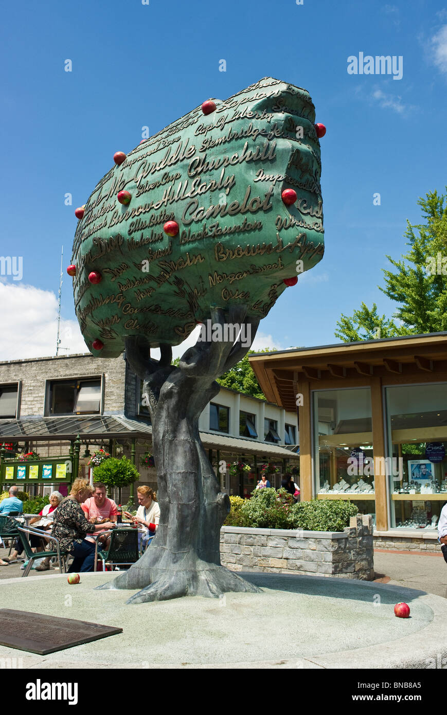 Modern tree sculpture celebrating many old names of Somerset cider apples Stock Photo
