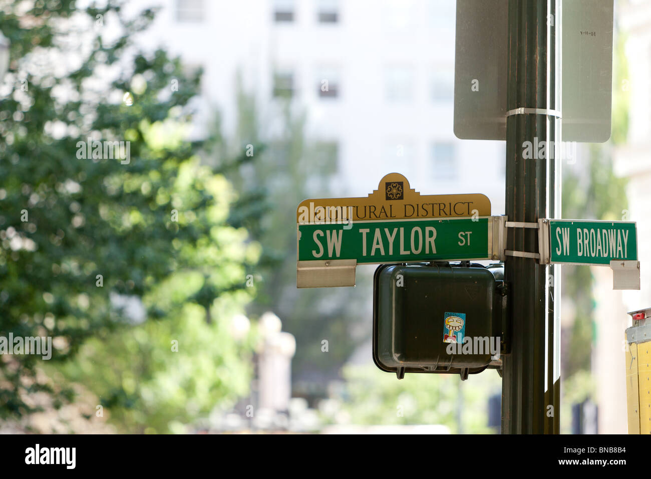 street sign in the cultural district of downtown portland oregon Stock Photo