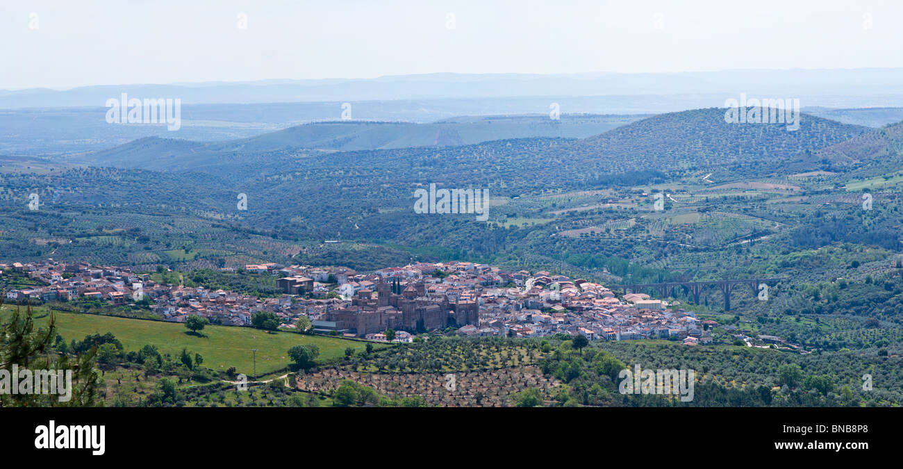 Royal Monastery of Santa Maria de Guadalupe and town of Guadalupe in Spain Stock Photo