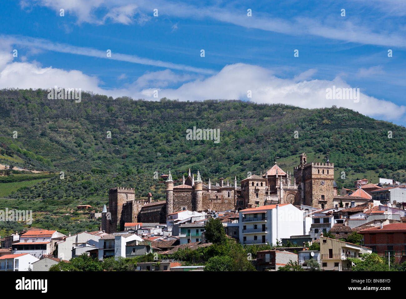 Royal Monastery of Santa Maria de Guadalupe and town of Guadalupe in Spain Stock Photo