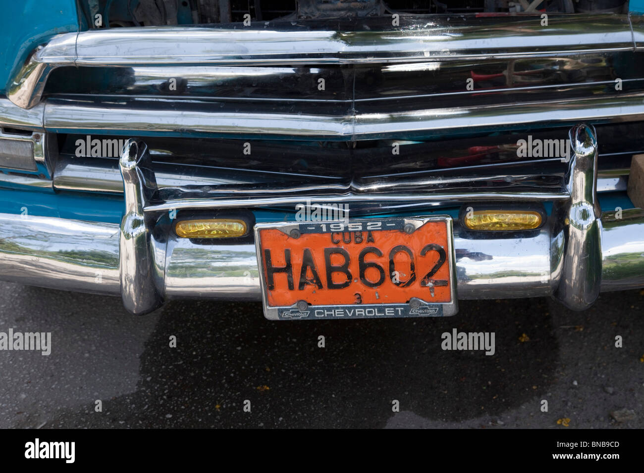 front of a chevrolet orange car number plate , cuba Stock Photo