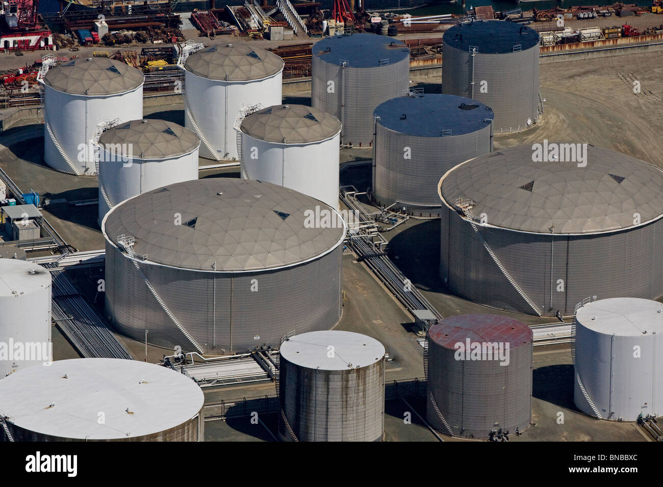 aerial view above oil tank farm Port of Richmond California Stock Photo