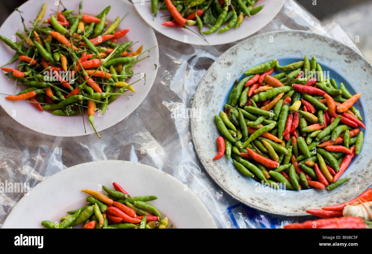 Plates of colourful green and red hot chillies in a market in Bangkok, Thailand Stock Photo