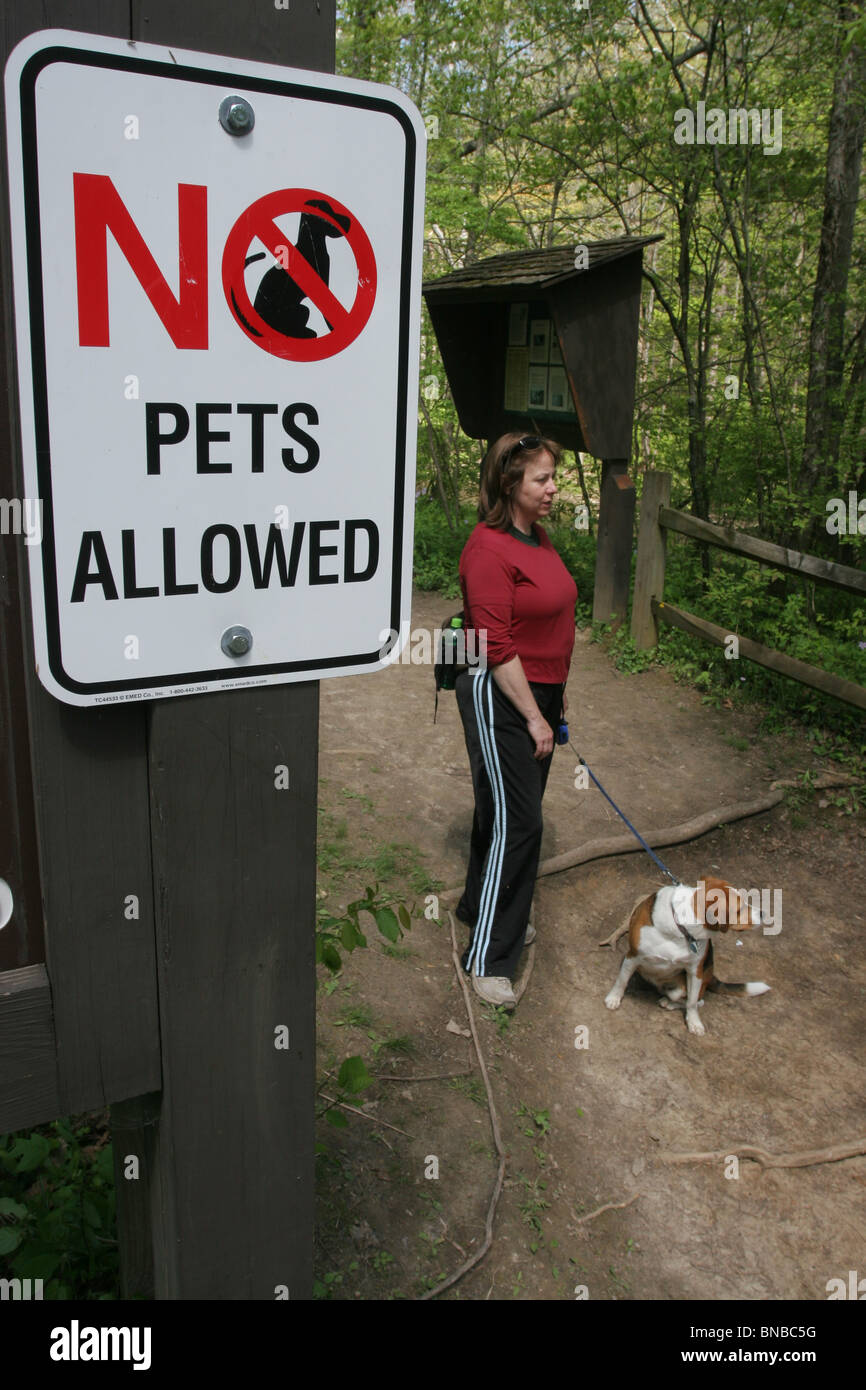 park No pets allowed sign woman walking dog ohio Stock Photo Alamy