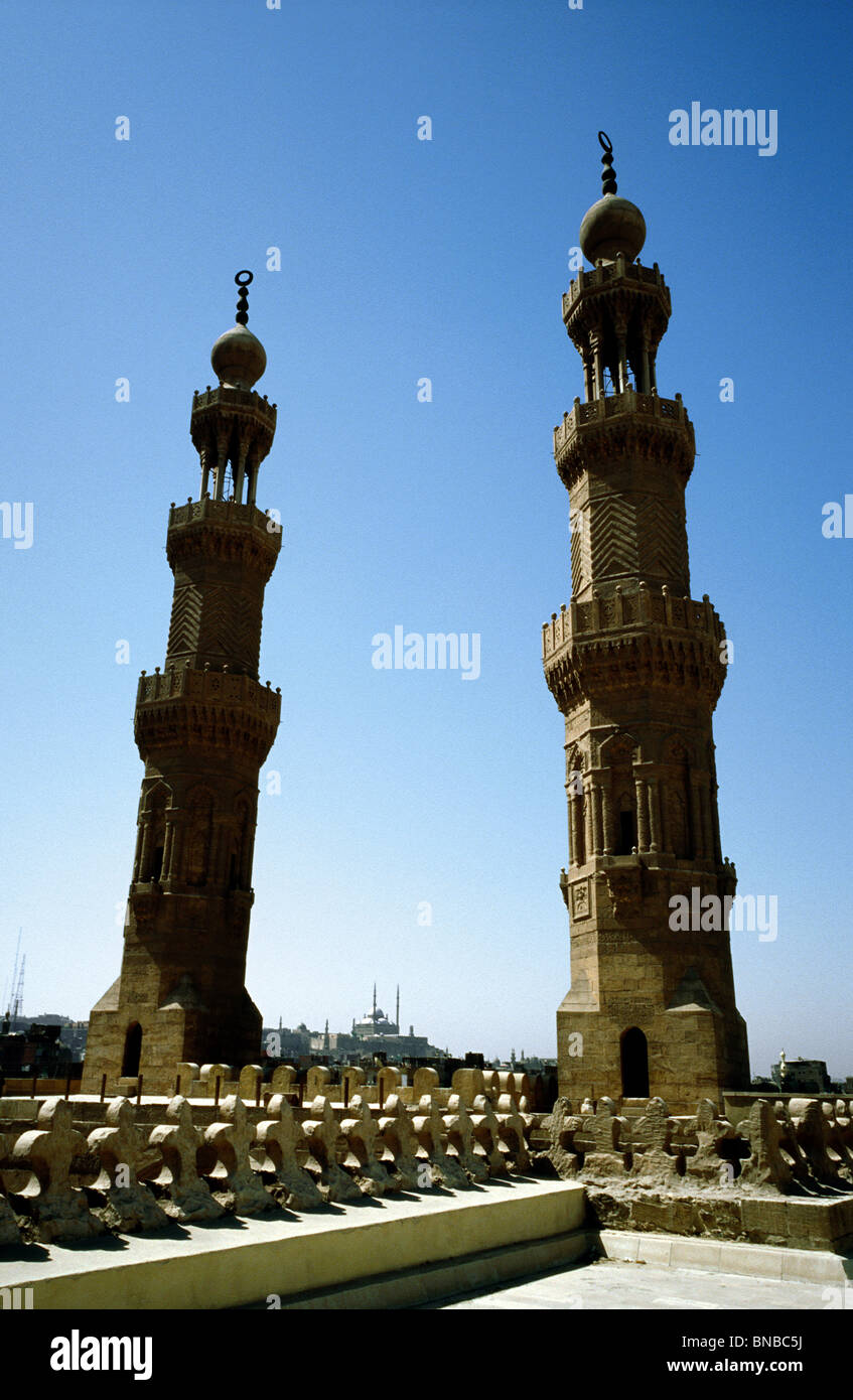 Muhammad Ali Pasha (Alabaster) mosque seen through the twin minarets of the Bab Zuweila, the Southern Gate of Islamic Cairo. Stock Photo