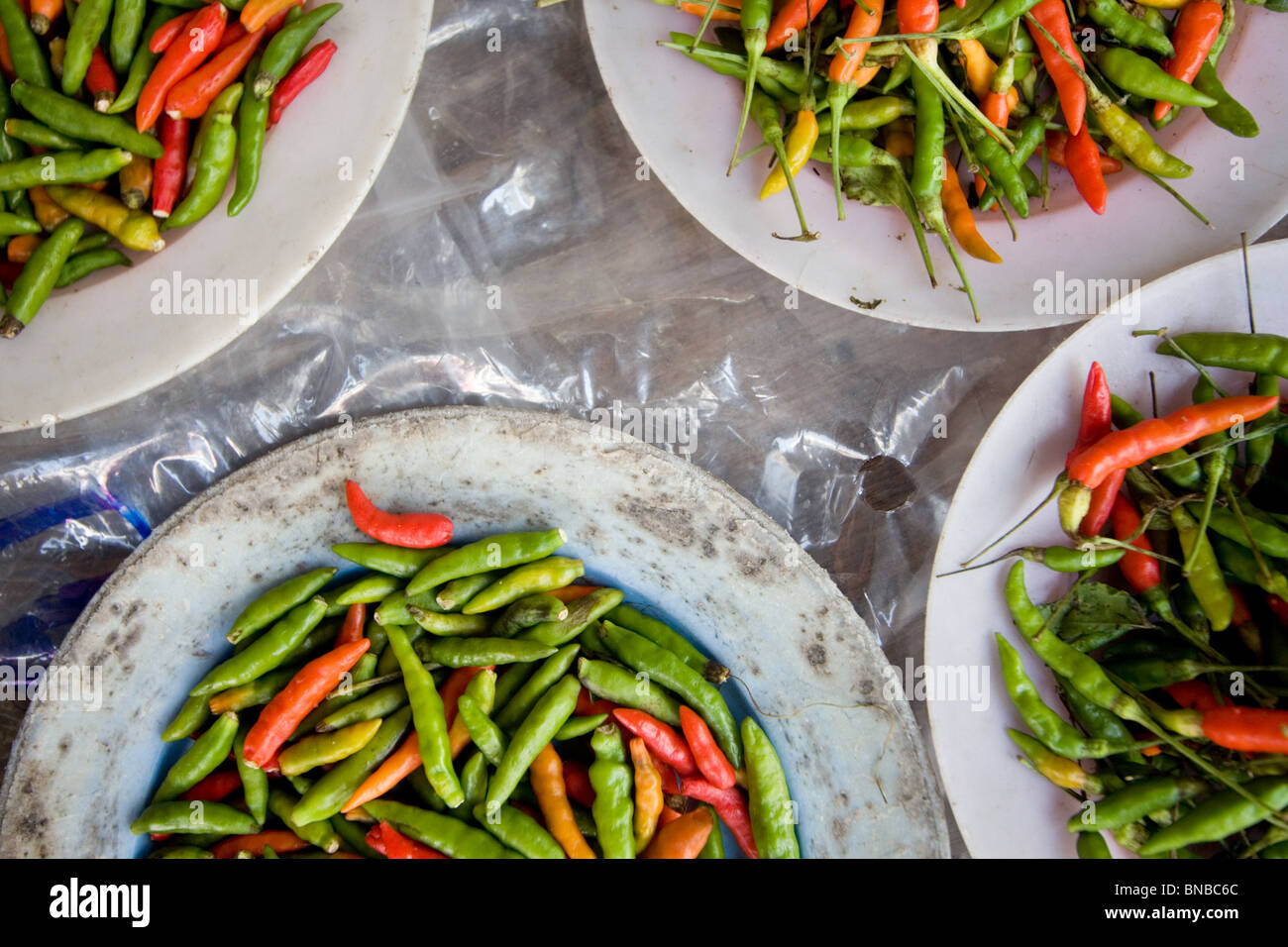 Plates of colourful green and red hot chillies in a market in Bangkok, Thailand Stock Photo