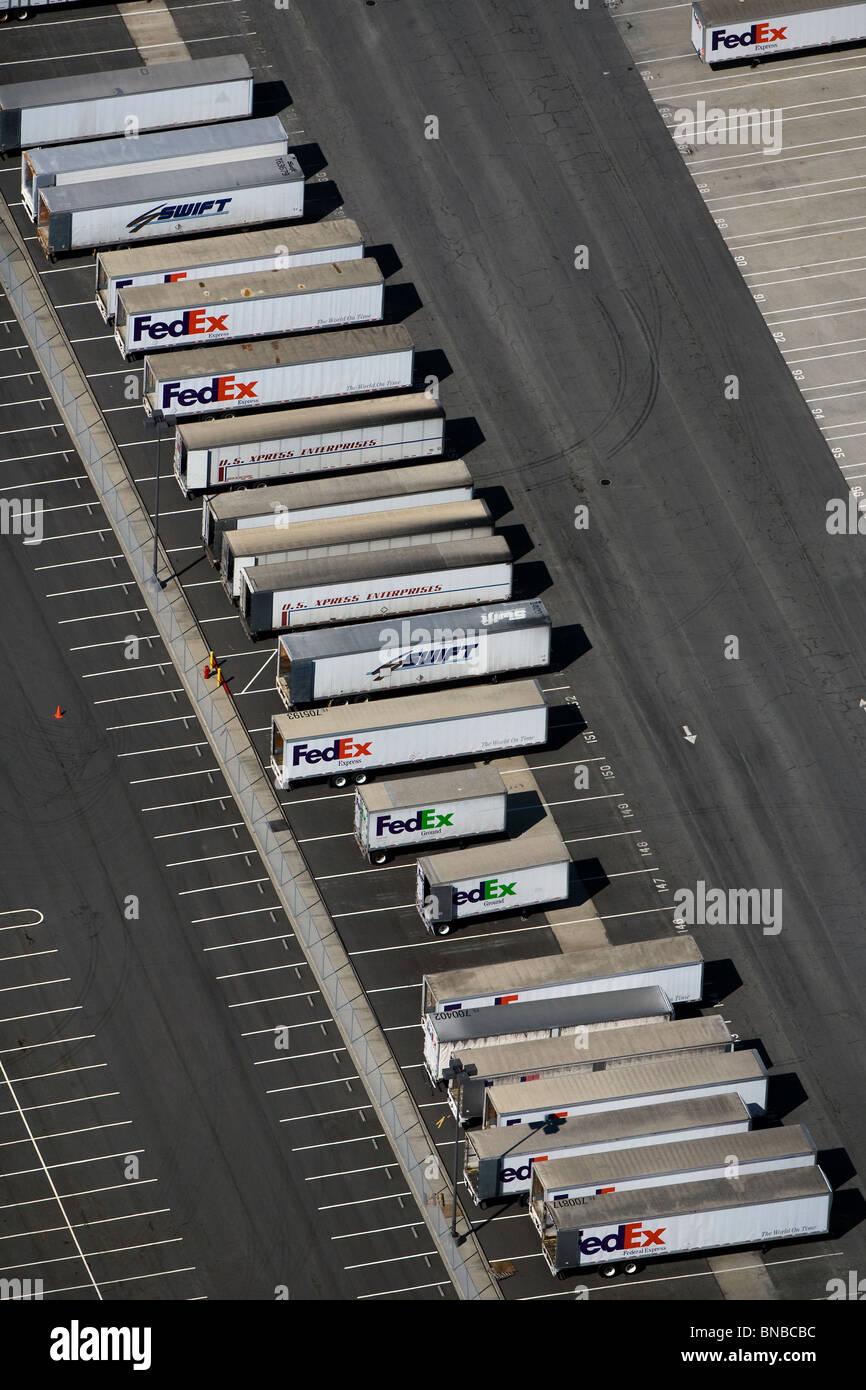 aerial view above FedEx freight trailers Oakland California Stock Photo