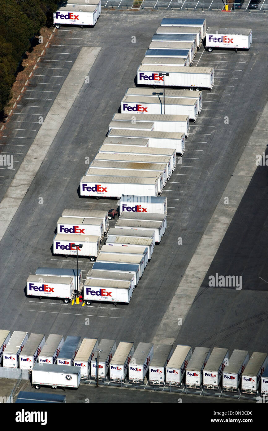 aerial view above FedEx trailers Hayward California Stock Photo
