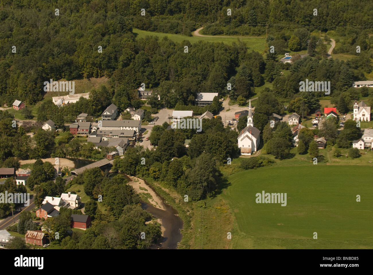 An aerial photo shows the small town of Waitsfield, VT Stock Photo Alamy