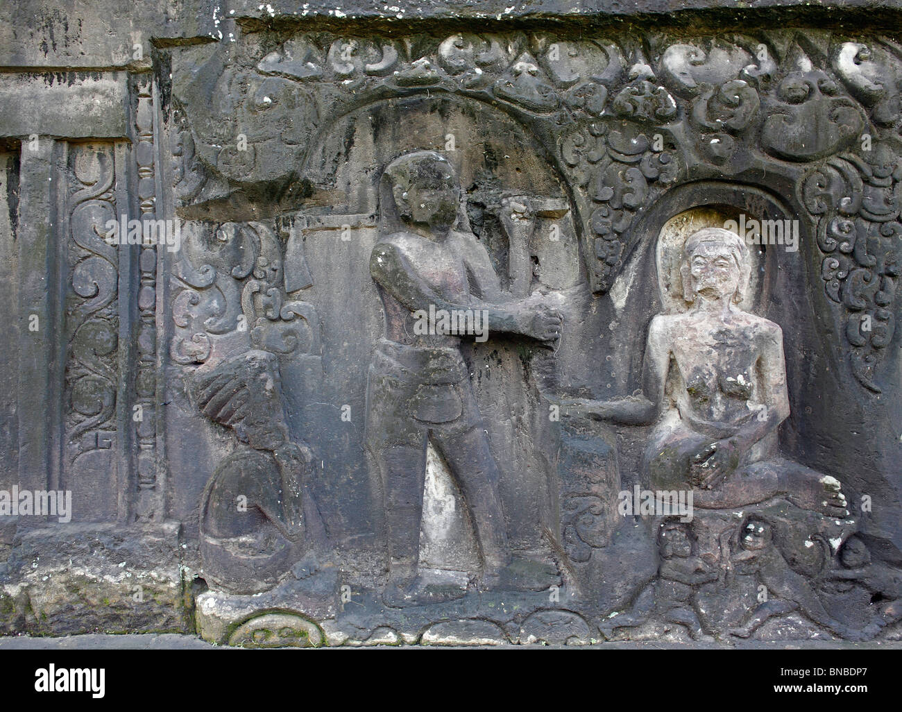 Yeh Pulu relief is an ancient complex of rock carvings at Bedulu, near Ubud, Bali. Stock Photo