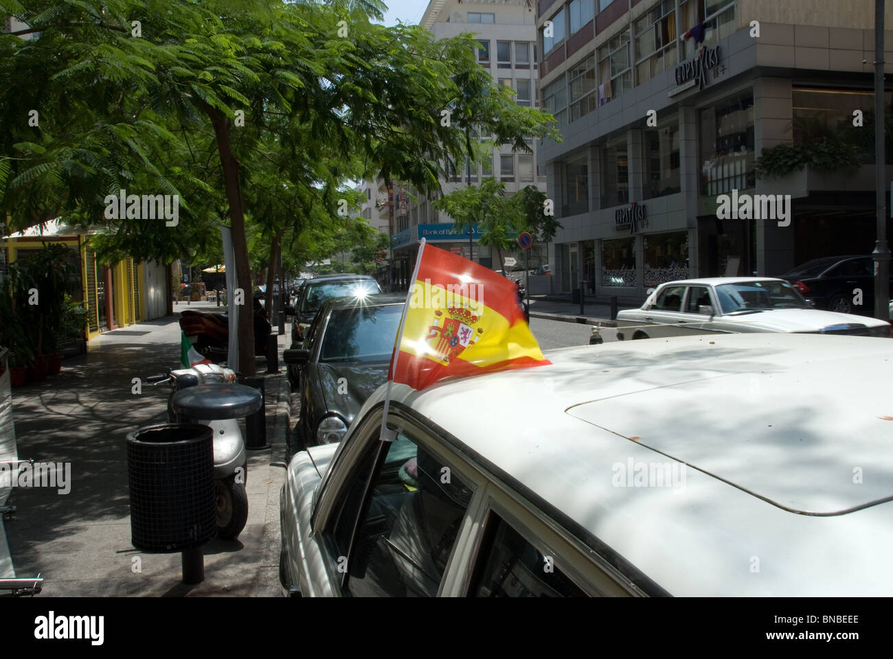 flag of world cup winner Spain raise on a car of supporter Beirut Lebanon Stock Photo