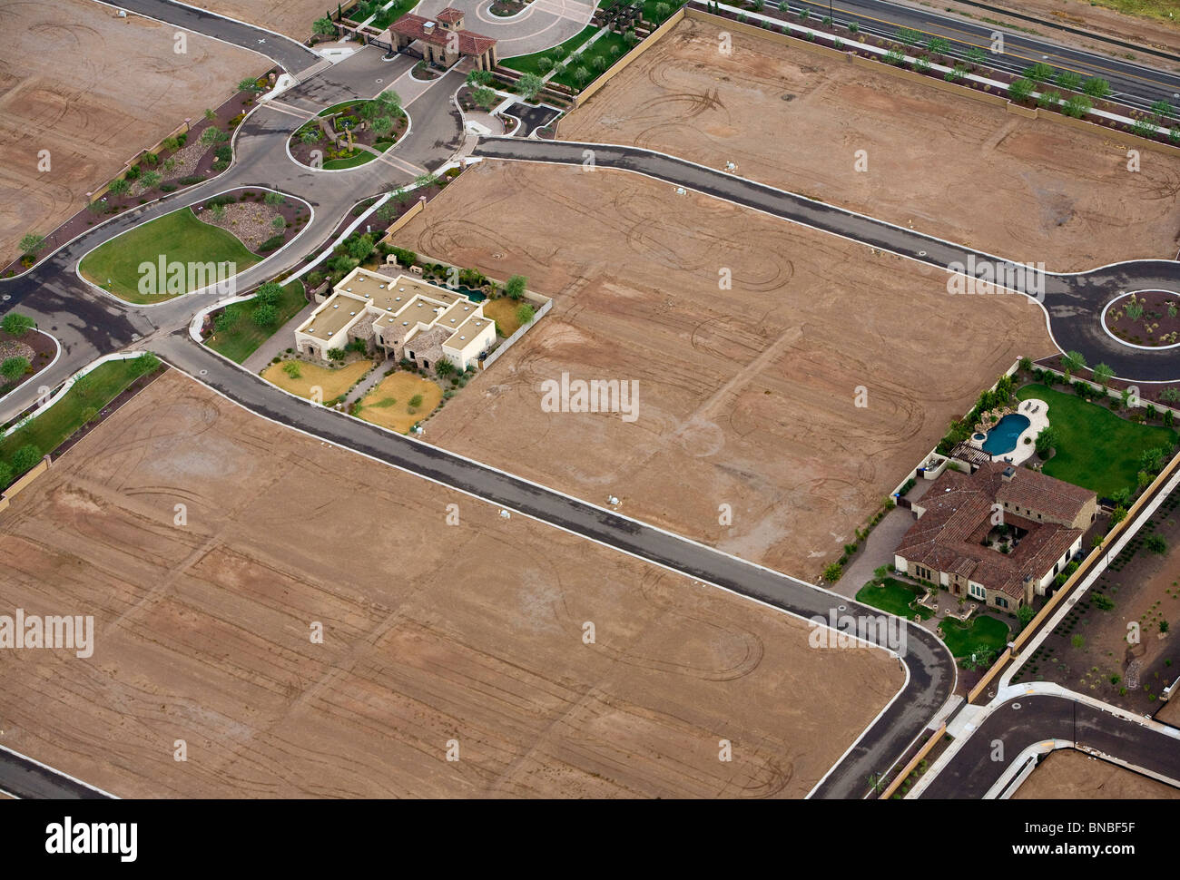 Aerial views of unfinished and abandoned housing developments in the Phoenix, Arizona area.  Stock Photo