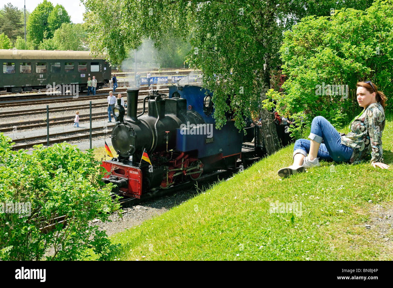 Train on the Narrow Gauge  line at the German Steam Locomotive Museum, Neuenmarkt, Franconia, Bavaria, Germany. Stock Photo