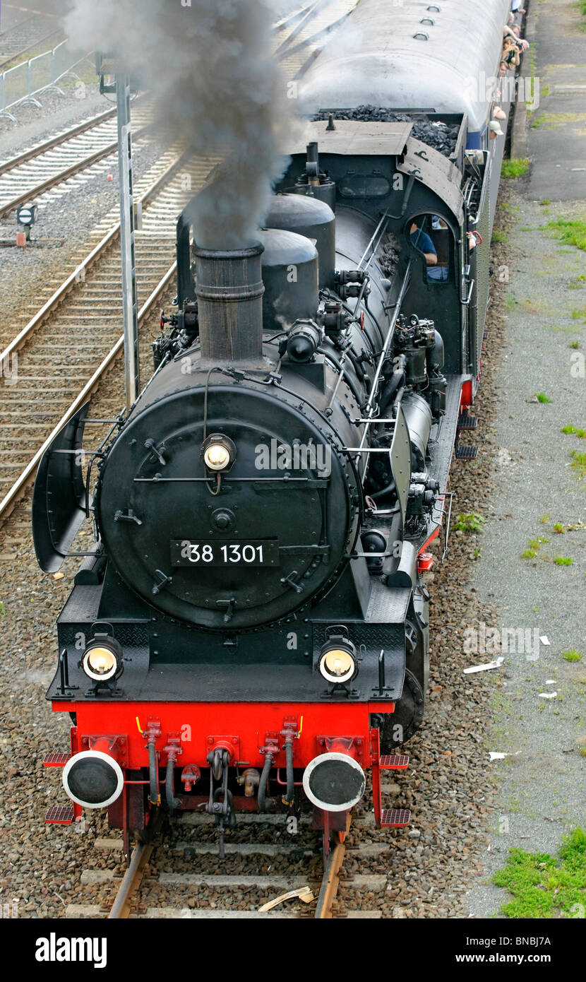 Steam train departing from Neuenmarkt station during 175th anniversary German Railways, Bavaria, May 2010. Stock Photo
