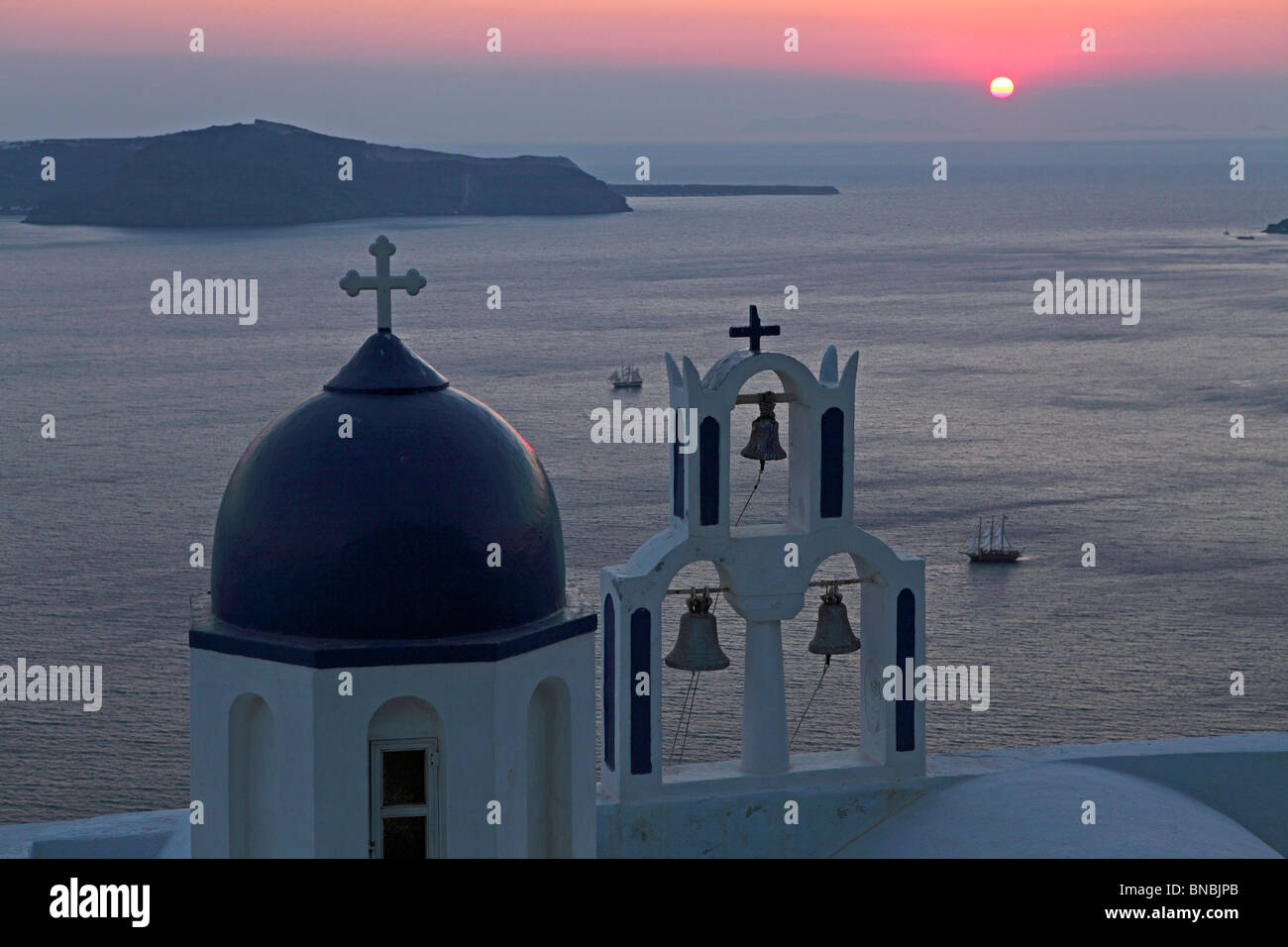 sunset above Theoskepasti Church near Fira, Santorini Island, Cyclades, Aegean Islands, Greece Stock Photo
