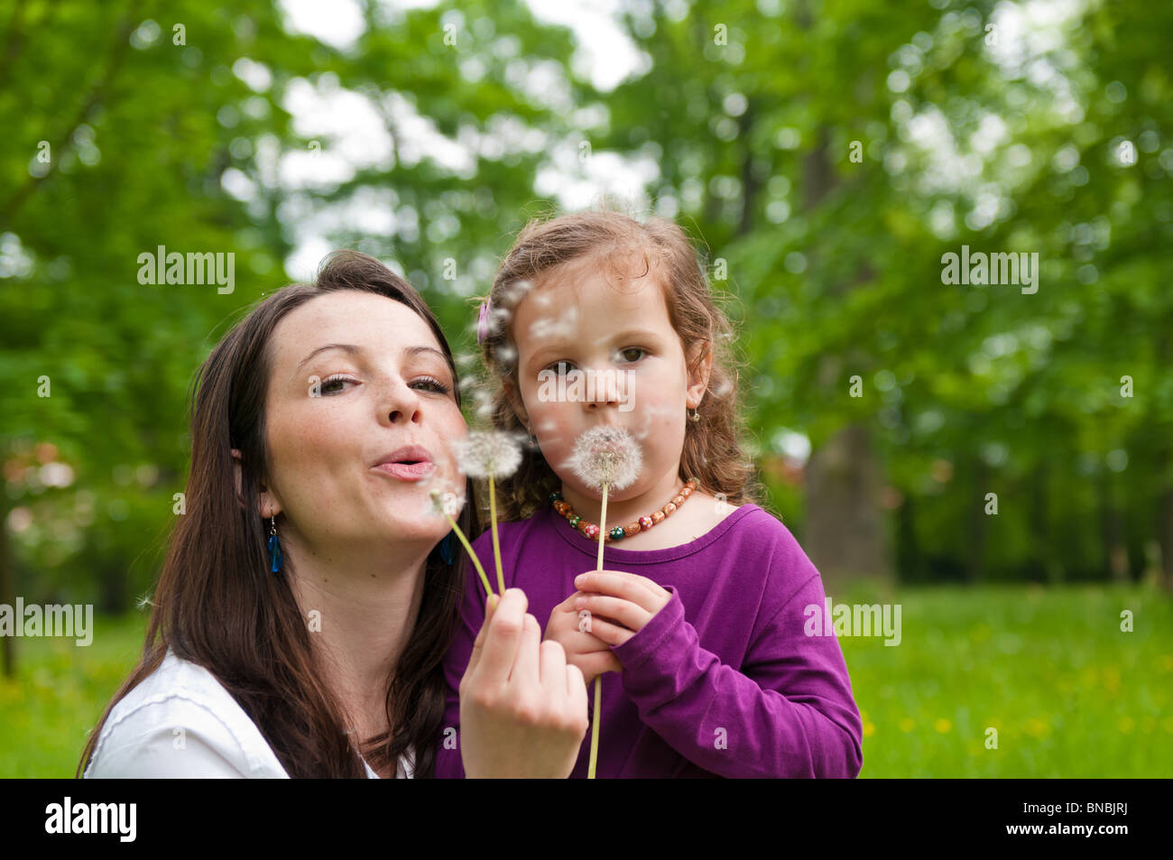 Mother with small daughter blowing to dandelion - lifestyle outdoors scene in park Stock Photo