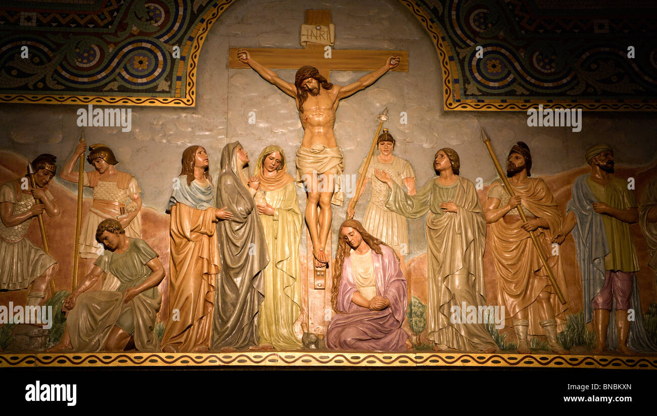 Barcelona - relief of Christ on the cross - chruch Sagrad cor de Jesus Stock Photo