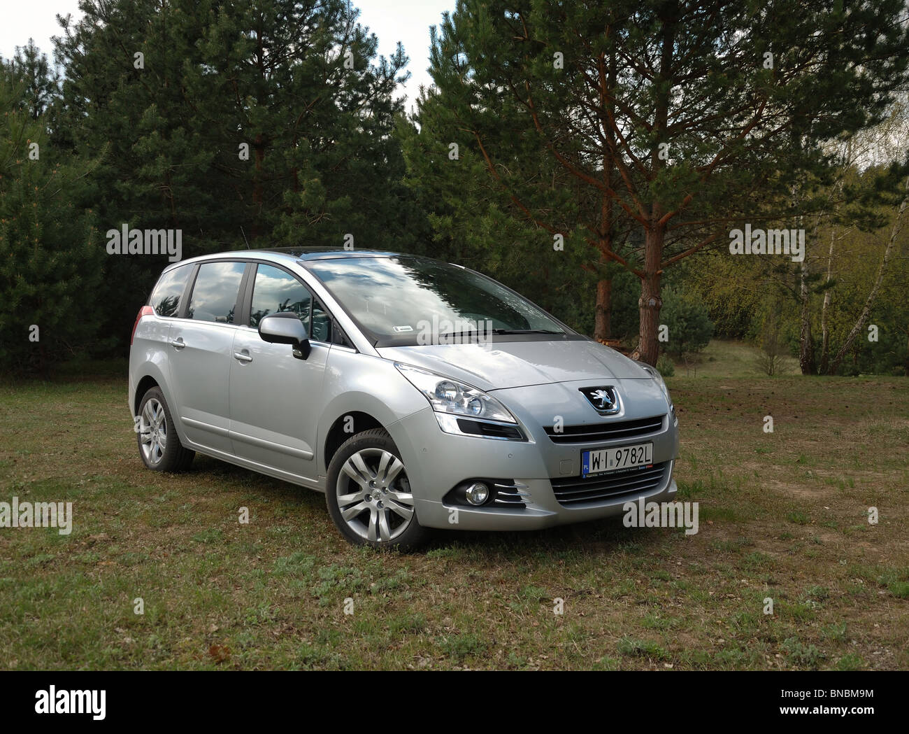 Peugeot 5008 1.6 THP - MY 2010 - silver metallic - five doors (5D) - French popular compact MPV (mini van) - in forest, meadow Stock Photo