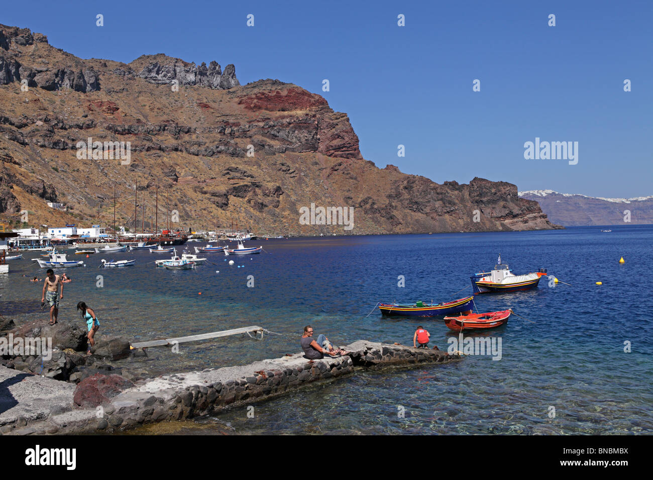 harbour of Thirassia Island, Santorini, Cyclades, Aegean Islands, Greece Stock Photo