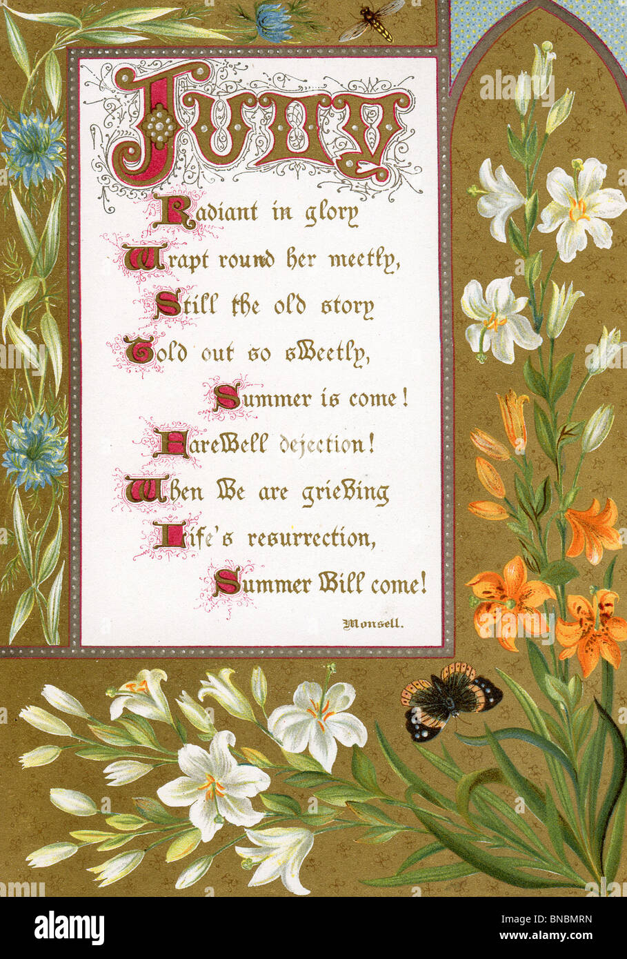 July Poem Framed with a Variety of Flowers Stock Photo