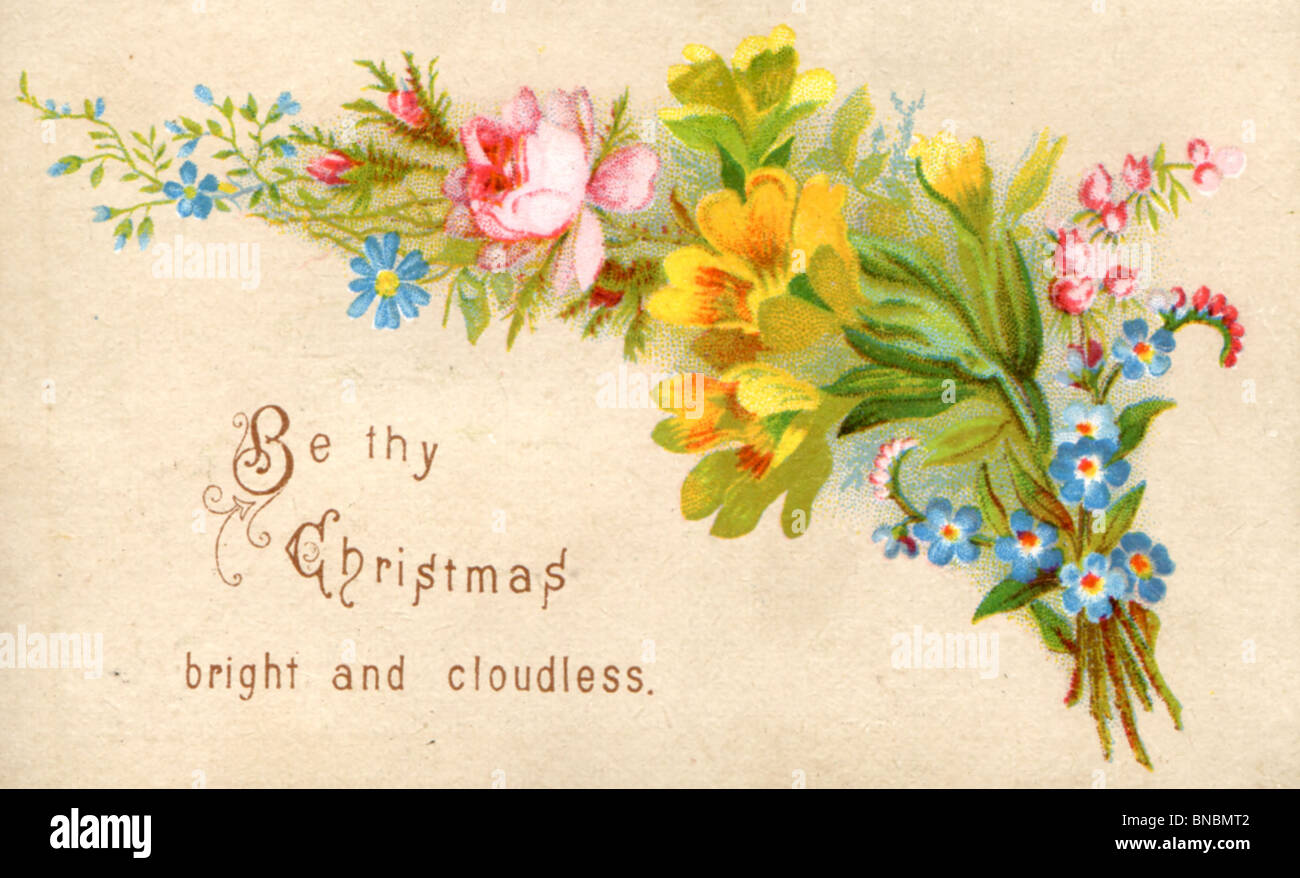 Christmas Card - Spray of Yellow, Pink and Blue Flowers Stock Photo