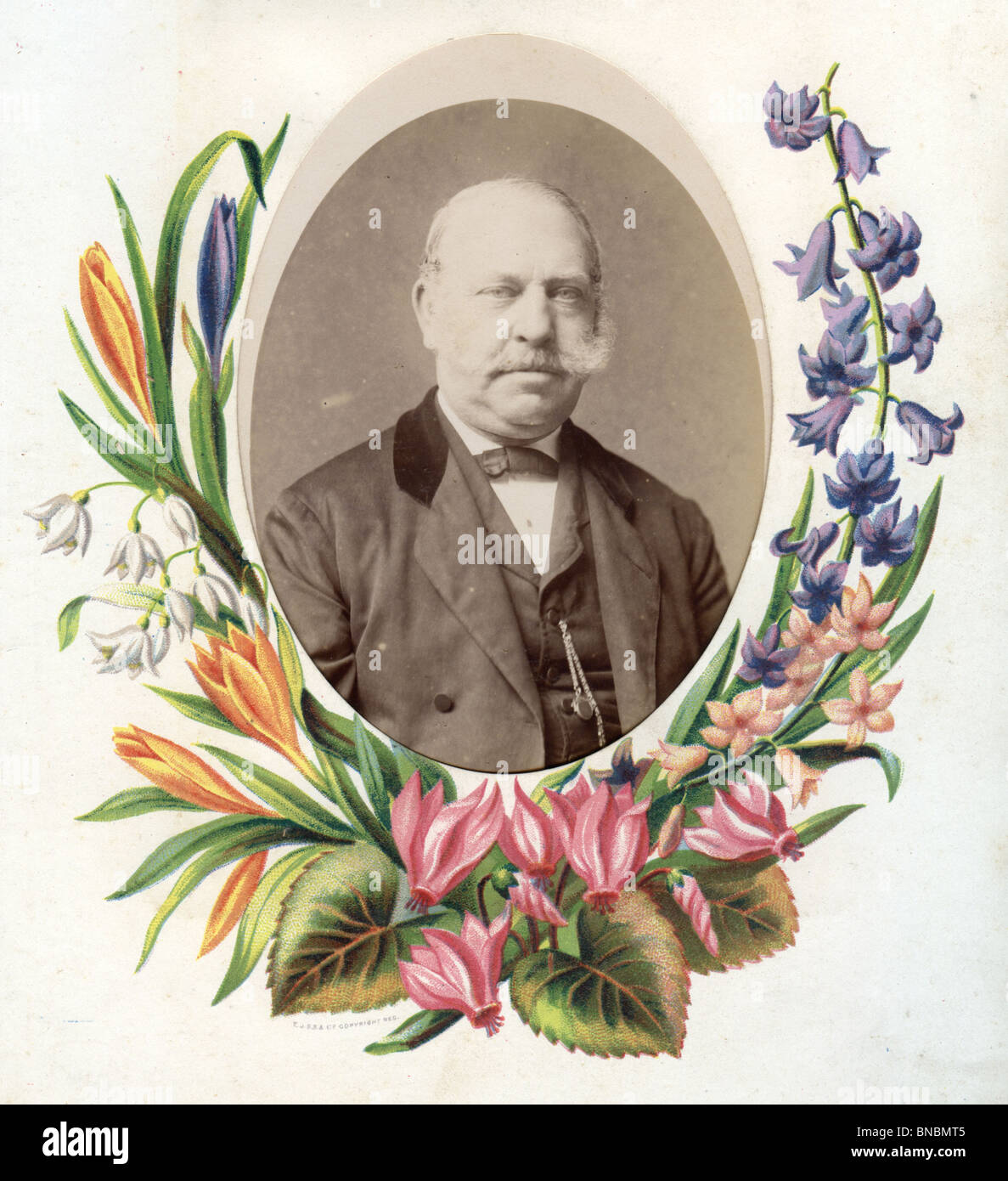 Victorian Photo Album - Photo of Gentleman framed by Cyclamen, Bluebells and Galanthus Stock Photo