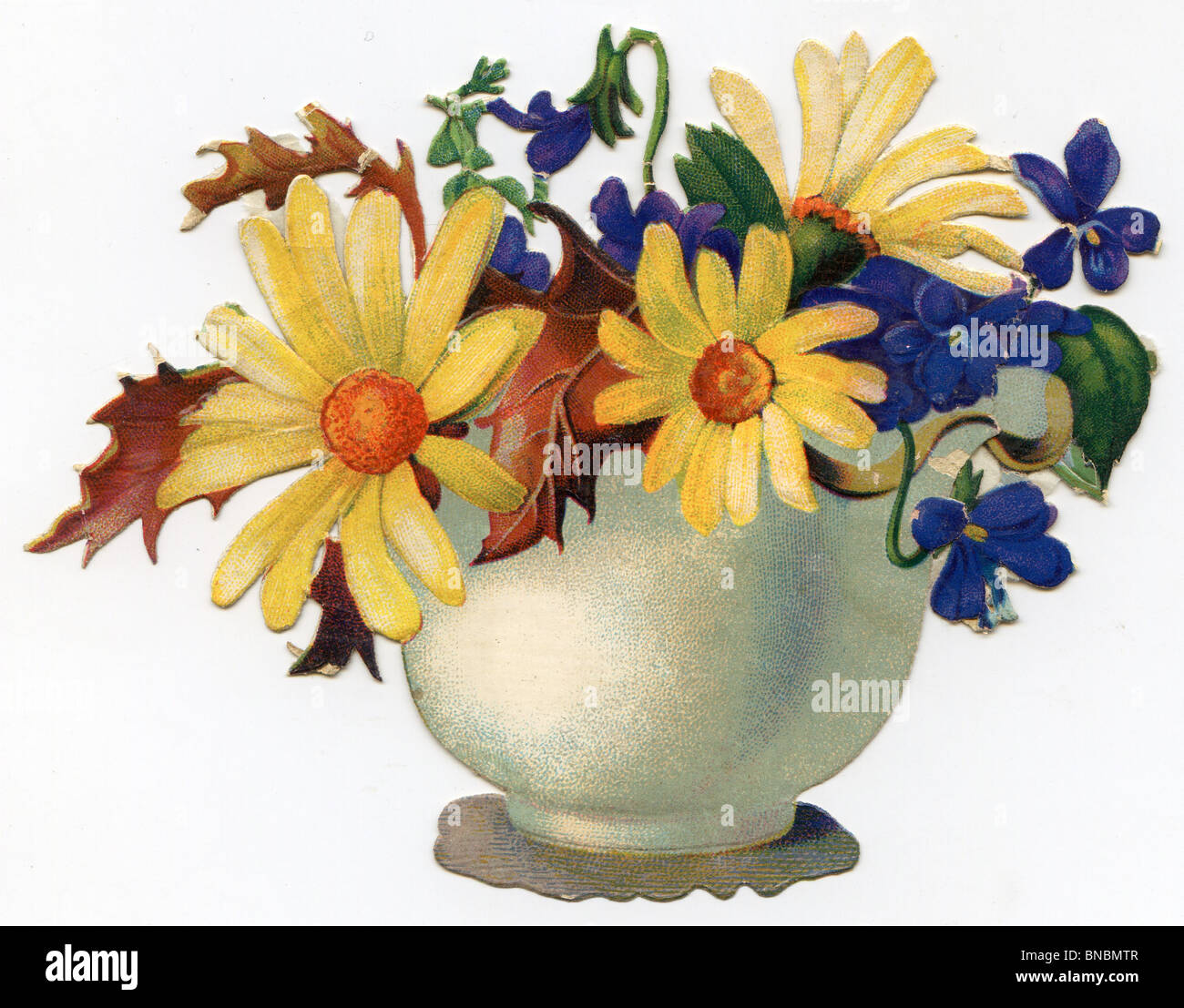 Vase of Violets and Yellow Daisies Stock Photo